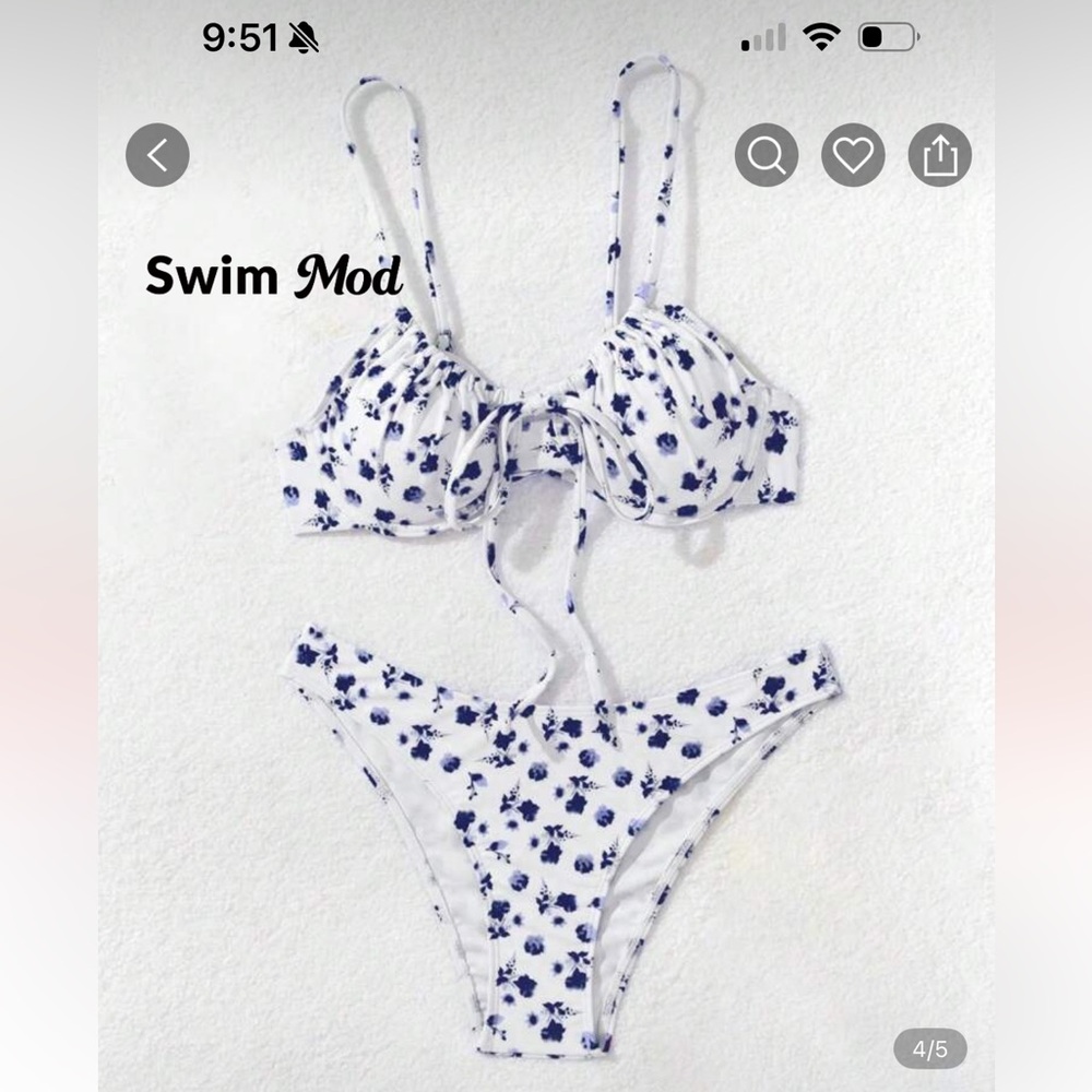 SHEIN White and Blue Floral Bikini